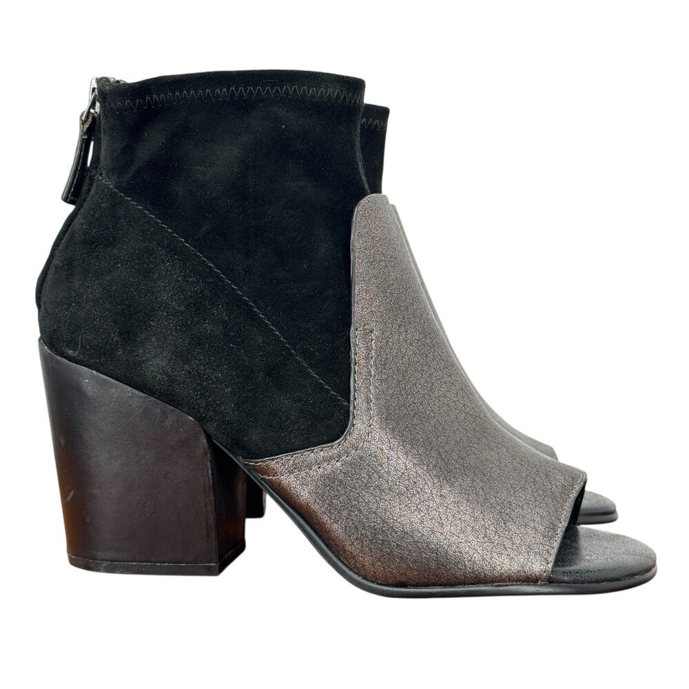 Naked Feet Bootie Beta Heeled Womens 8 Black Bronze Leather Open Toe Boots Suede